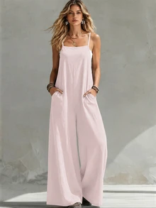 Everyssa Women's Solid Color Pocket Wide Leg Loose Casual Jumpsuit Vacation Soft Pink Summer - Pink - View 1