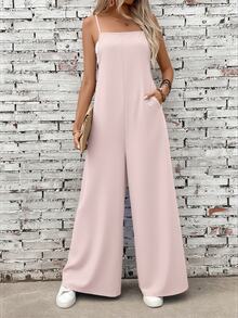 Everyssa Women's Solid Color Pocket Wide Leg Loose Casual Jumpsuit Vacation Soft Pink Summer - Pink - View 7