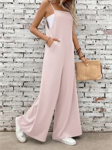 Everyssa Women's Solid Color Pocket Wide Leg Loose Casual Jumpsuit Vacation Soft Pink Summer - Pink - View 6