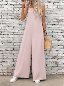 Everyssa Women's Solid Color Pocket Wide Leg Loose Casual Jumpsuit Vacation Soft Pink Summer - Pink - View 9