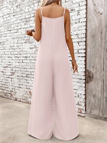 Everyssa Women's Solid Color Pocket Wide Leg Loose Casual Jumpsuit Vacation Soft Pink Summer - Pink - View 2
