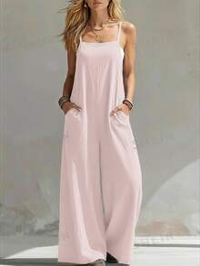Everyssa Women's Solid Color Pocket Wide Leg Loose Casual Jumpsuit Vacation Soft Pink Summer - Pink - View 3