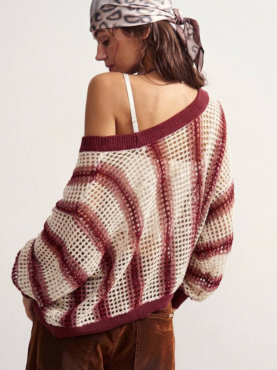 Bohemela Women's Fashionable Colorblock Hollow Out Long Sleeve Sweater - Multicolor - View 1