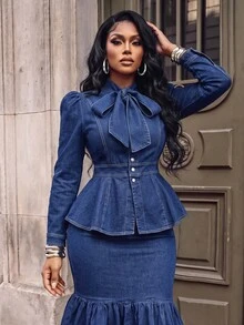 BriallanyX BriallanyX 1pc Women's Long Sleeve Cinched Waist Denim Jacket Brunch Going Out Fall Elegant Casual Party - Blue - View 4
