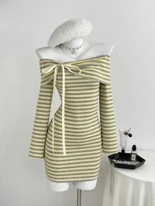 Elamini Women's Bow Design Striped Off-Shoulder Long Sleeve Dress - Yellow - View 6