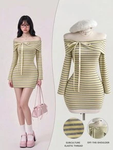 Elamini Women's Bow Design Striped Off-Shoulder Long Sleeve Dress - Yellow - View 1