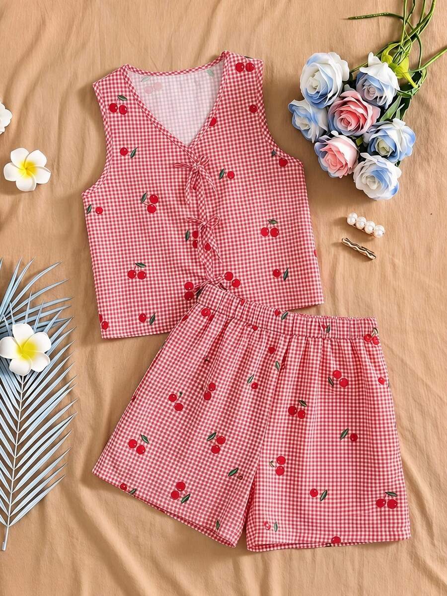 SHEIN Tween Girls 2pcs/Set Red And White Gingham Tank Top, Fitted Soft, Summer, Casual Cute 80s, Outfit, Holiday Matching Family Trip Cheer