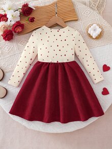 SHEIN Young Girl Heart Print Bow Decor Patchwork Ruffle Hem 2 In 1 Cute Dress - Burgundy - View 5