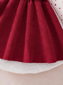 SHEIN Young Girl Heart Print Bow Decor Patchwork Ruffle Hem 2 In 1 Cute Dress - Burgundy - View 8