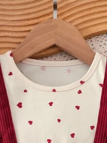 SHEIN Young Girl Heart Print Bow Decor Patchwork Ruffle Hem 2 In 1 Cute Dress - Burgundy - View 7