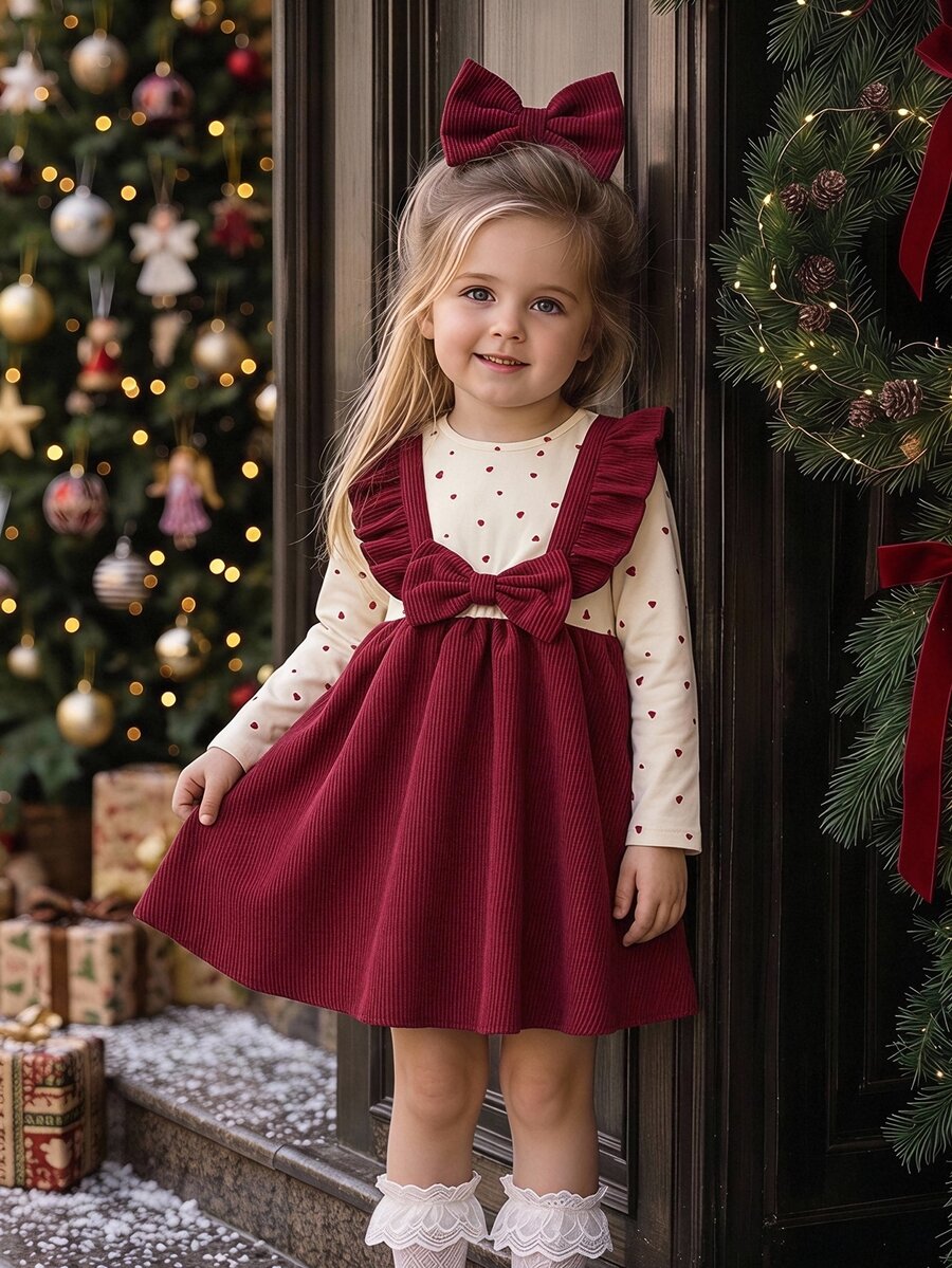 SHEIN Young Girl Heart Print Bow Decor Patchwork Ruffle Hem 2 In 1 Cute Dress - Burgundy - View 1
