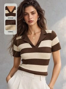 SHEIN Color Block Striped Polo Collar Knit Top French Street Style Summer Short Sleeve Blouse - Coffee Brown - View 2