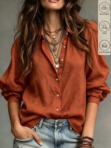 SHEIN Franclia قميص نسائي بلون موحد أحادي الصدر كاجوال متعدد الاستخدامات للارتداء اليومي - لون برتقالي - مشاهدة 4