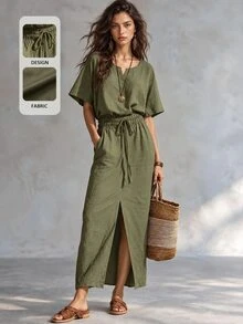 Trelyra Summer Loose Cotton Shirt Dress - Waistdefined Casual Vacation Dress - Army Green - View 1