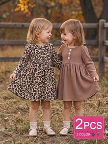 SHEIN 2pcs Baby Toddler Girls Pleated Dress Cute Sweet Beige Light Brown Rib Knit Button Long Sleeve Round Neck Regular Fall Holiday Halloween Chic Formal - Multicolor - View 2