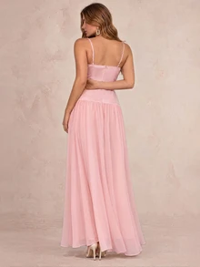 Enchnt Premium Winter Romantic Women's Elegant Pink Applique Decorated Ruffle Hem Party Prom Dress,Thanksgiving,Luxury Wedding Evening Dress,Christmas - Baby Pink - View 8