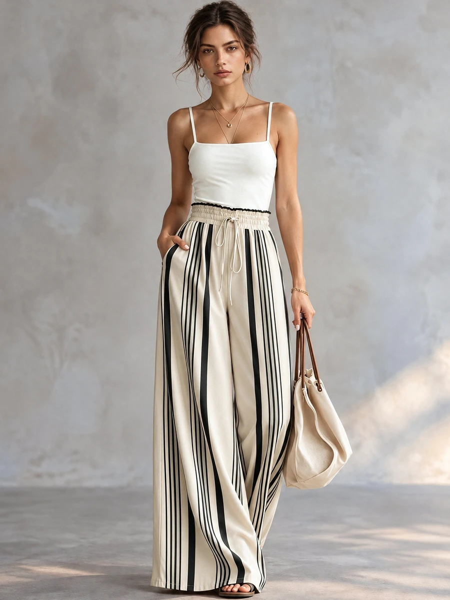 SHEIN بنطلون نسائي واسع الساق بخطوط بيج وملمس بارز مع خصر برباط وجيوب، كاجوال للشاطئ والعطلات لفصل الخريف - متعدد الألوان - مشاهدة 1