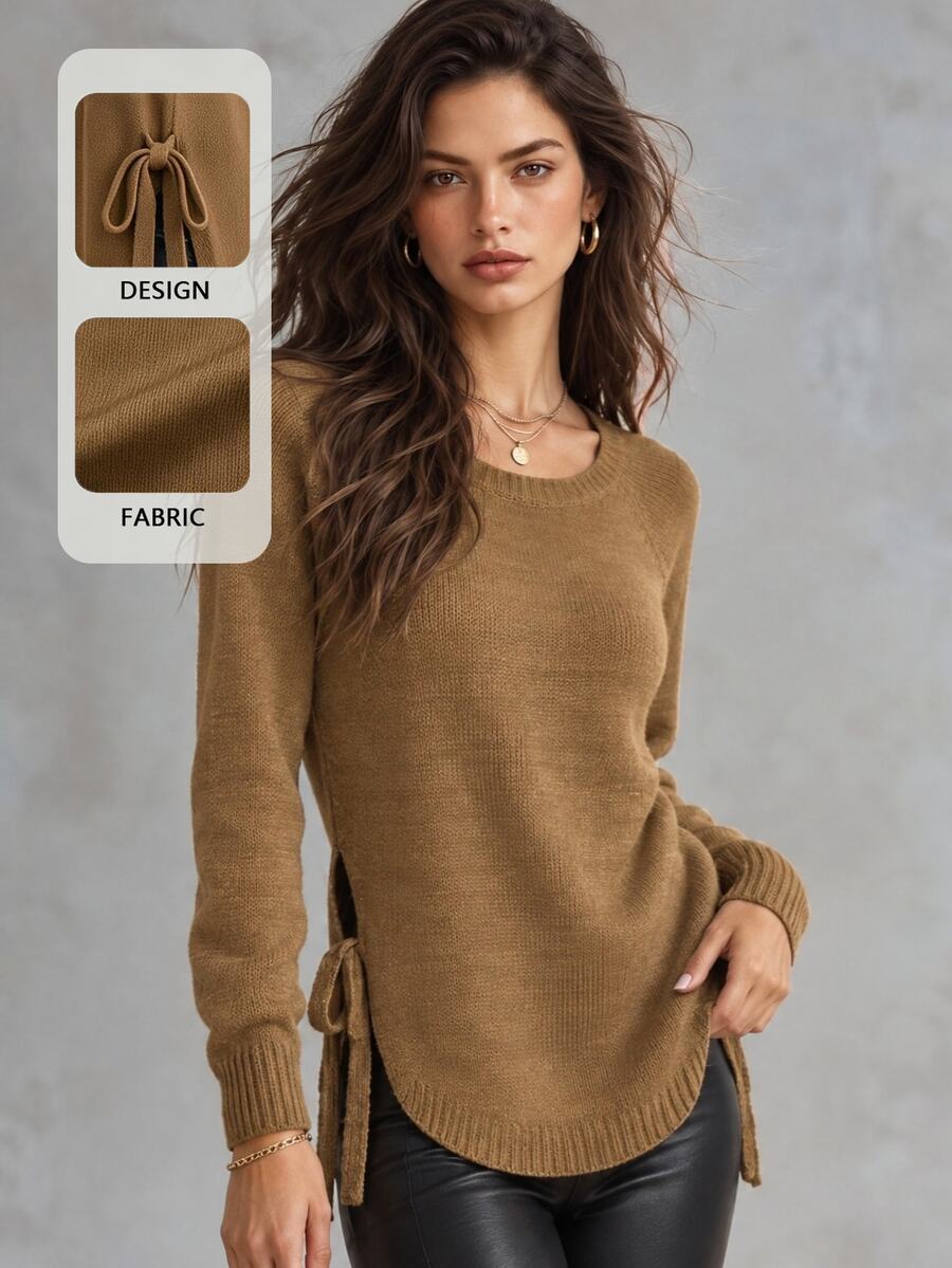 SHEIN 秋冬休閒百搭純色側開衩綁帶針織衫 - 鏽棕色 - 查看 1