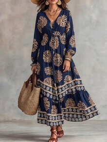 SHEIN 前系带长袖百褶印花超长休闲连衣裙，适合新年服装 - 彩色 - 查看 3