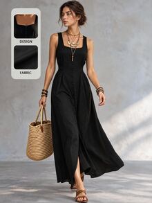 Trelyra Square Neck Sleeveless Waist-Cinching A-Line Long Dress, Suitable For Commuting Boho Minimalist, Casual Dates Vacation And More Black Summer - Black - View 1