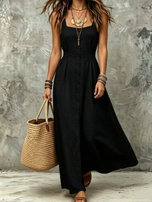 Trelyra Square Neck Sleeveless Waist-Cinching A-Line Long Dress, Suitable For Commuting Boho Minimalist, Casual Dates Vacation And More Black Summer - Black - View 3