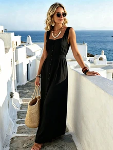 Trelyra Square Neck Sleeveless Waist-Cinching A-Line Long Dress, Suitable For Commuting Boho Minimalist, Casual Dates Vacation And More Black Summer - Black - View 4