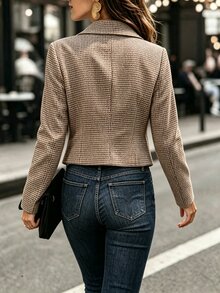 SHEIN Franclia Women's Autumn/Winter Cardigan, Dual-Tone Plaid Long Sleeve Front-Opening Short Double-Breasted Jacket - Coffee Brown - View 3