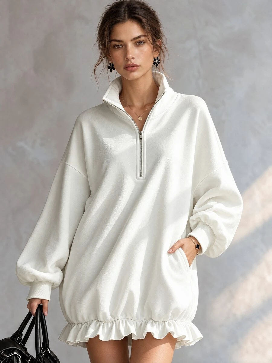 Trelyra White Top Half‑Zip Stand Collar Sweatshirt, Ruffle Hem Patchwork, Going Out Everyday Brunch Top, Casual Cute Blouses, Peplum Top Women, Fall