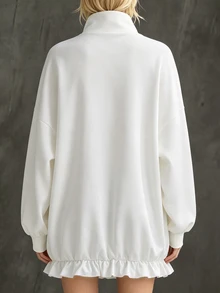 Trelyra White Top Half‑Zip Stand Collar Sweatshirt, Ruffle Hem Patchwork, Going Out Everyday Brunch Top, Casual Cute Blouses, Peplum Top Women, Fall - White - View 3