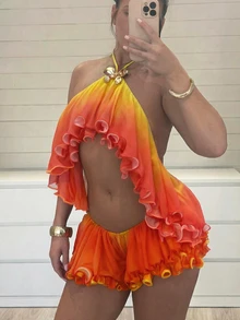 Ure Wave Women's Chic Elegant Sexy Orange And Yellow Summer Vacation Gradient Ruffled Halter Backless Top Layered Mini Shorts Set Music Festival Party Club - Multicolor - View 4