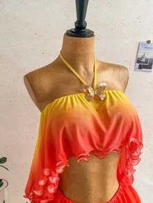 Ure Wave Women's Chic Elegant Sexy Orange And Yellow Summer Vacation Gradient Ruffled Halter Backless Top Layered Mini Shorts Set Music Festival Party Club - Multicolor - View 8