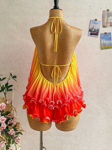 Ure Wave Women's Chic Elegant Sexy Orange And Yellow Summer Vacation Gradient Ruffled Halter Backless Top Layered Mini Shorts Set Music Festival Party Club - Multicolor - View 9