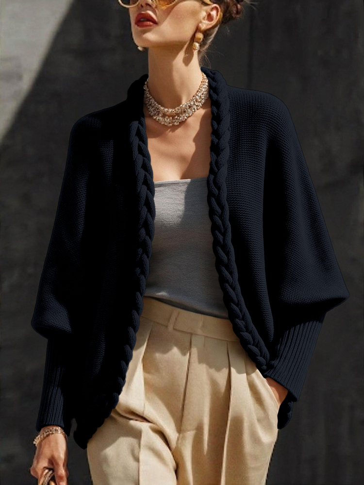 Omancia Women's Autumn/Winter Vintage Artistic Style Chunky Cable Knit Cardigan, V-Neck Batwing Sleeve Ribbed Cuff Long Sleeve Buttonless Open Front Loose Fit Top, Casual Commute Vacation Layering Versatile Relaxed Style - Navy Blue - View 8