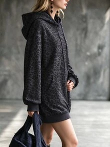 Omancia Autumn/Winter American Retro All-Over Leopard Print Hooded Sweatshirt For Women, Loose Oversize Drop Shoulder Drawstring Double Pockets Hip-Covering Mid-Length Sweatshirt Dress - Dark Grey - View 4