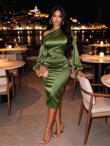 SOLERSUN Women's Sexy Ruched Asymmetrical Shoulder Army Green One Shoulder Midi Bodycon Dress Party Fall, Christmas Women's Clothing - Army Green - View 8
