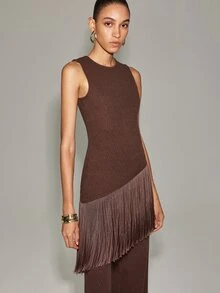 Anewsta Essential New Spring/Autumn Vintage Coffee Textured Jacquard Sleeveless Tassel 2 Pieces Set Women, Elegant Slim-Fit Wide-Leg Pants Outfit Suitable For Daily Commute, Evening Party, Birthday Party, Dinner, Light Business Date Wear - Coffee Brown - View 5