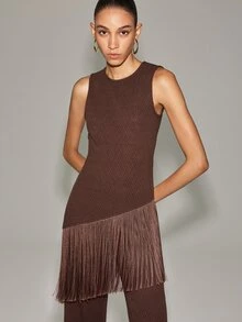 Anewsta Essential New Spring/Autumn Vintage Coffee Textured Jacquard Sleeveless Tassel 2 Pieces Set Women, Elegant Slim-Fit Wide-Leg Pants Outfit Suitable For Daily Commute, Evening Party, Birthday Party, Dinner, Light Business Date Wear - Coffee Brown - View 6