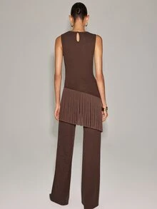 Anewsta Essential New Spring/Autumn Vintage Coffee Textured Jacquard Sleeveless Tassel 2 Pieces Set Women, Elegant Slim-Fit Wide-Leg Pants Outfit Suitable For Daily Commute, Evening Party, Birthday Party, Dinner, Light Business Date Wear - Coffee Brown - View 2