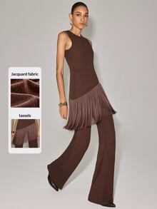 Anewsta Essential New Spring/Autumn Vintage Coffee Textured Jacquard Sleeveless Tassel 2 Pieces Set Women, Elegant Slim-Fit Wide-Leg Pants Outfit Suitable For Daily Commute, Evening Party, Birthday Party, Dinner, Light Business Date Wear - Coffee Brown - View 1