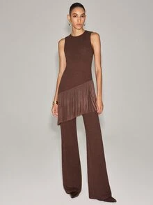 Anewsta Essential New Spring/Autumn Vintage Coffee Textured Jacquard Sleeveless Tassel 2 Pieces Set Women, Elegant Slim-Fit Wide-Leg Pants Outfit Suitable For Daily Commute, Evening Party, Birthday Party, Dinner, Light Business Date Wear - Coffee Brown - View 3