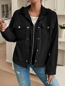 SHEIN CURVE+ Women's Plus Size 22W Solid Color Hooded Zip-Up Casual Versatile Daily Long Sleeve Jacket Winter - Black - View 7