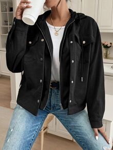 SHEIN CURVE+ Women's Plus Size 22W Solid Color Hooded Zip-Up Casual Versatile Daily Long Sleeve Jacket Winter - Black - View 3