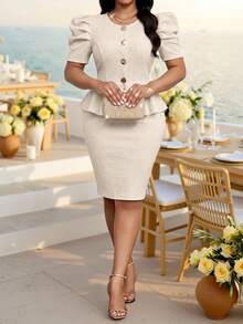 Fleurora Plus Size Elegant Women's Set Summer Suits Formal Dress Work Dinner Office Wear Casual Dresses White Business Professional - Khaki - View 4