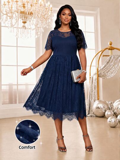 Fleurora Navy Blue Plus Size Women's Round Neck Short Sleeve Lace Elegant Formal Wedding Guest Evening Wedding Dress Festival Outfits Summer