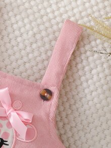 SHEIN 2pcs Baby Girl Pinafore Dress Cute Sweet Pink Giraffe Embroidery Bow Print Sleeveless Square Neck Lightweight Birthday Party Summer Sets Clothes Aline - Pink - View 5