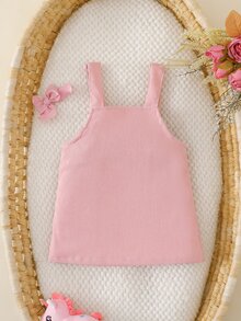 SHEIN 2pcs Baby Girl Pinafore Dress Cute Sweet Pink Giraffe Embroidery Bow Print Sleeveless Square Neck Lightweight Birthday Party Summer Sets Clothes Aline - Pink - View 7