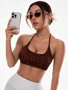 Slayform Slayform Women's Leopard Print Criss-Cross Back Halter Neck Sports Bra - Brown - View 9