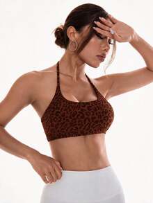 Slayform Slayform Women's Leopard Print Criss-Cross Back Halter Neck Sports Bra - Brown - View 3