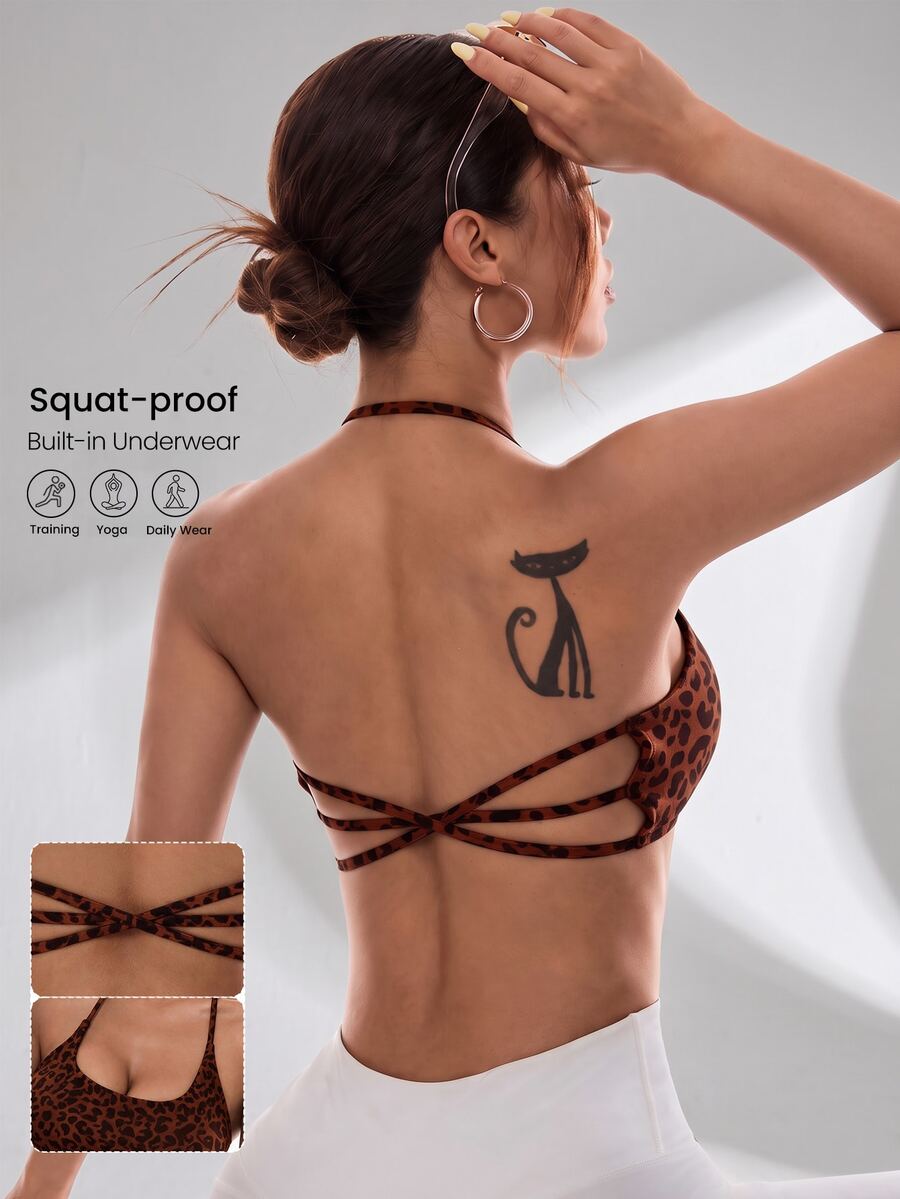 Slayform Slayform Women's Leopard Print Criss-Cross Back Halter Neck Sports Bra - Brown - View 1