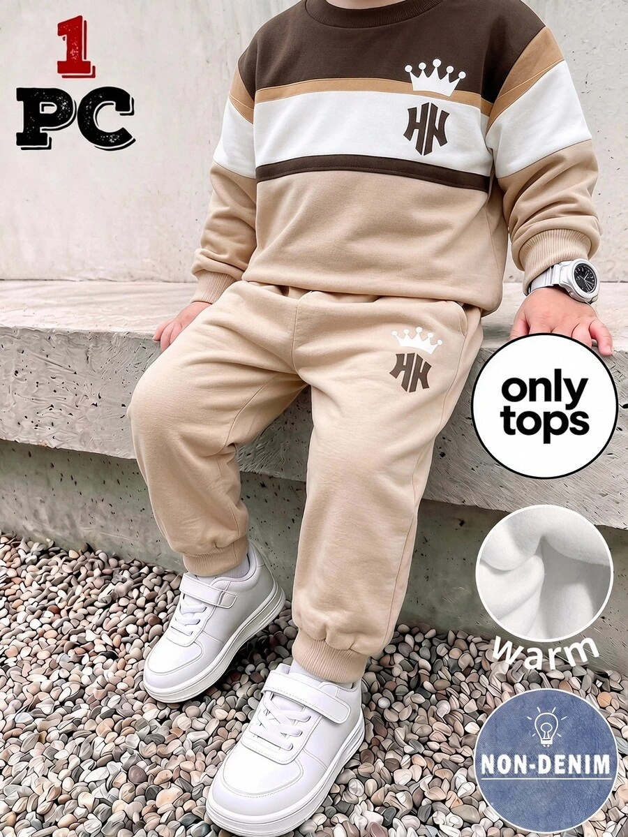 Toddler Baby Baby Blue Crown NY Letter Print Fleece Crew Neck Sweatshirt, Color Block Striped Design, Sports Cowboy Outdoor Casual, Fall/ Birthday - Multicolor - View 1